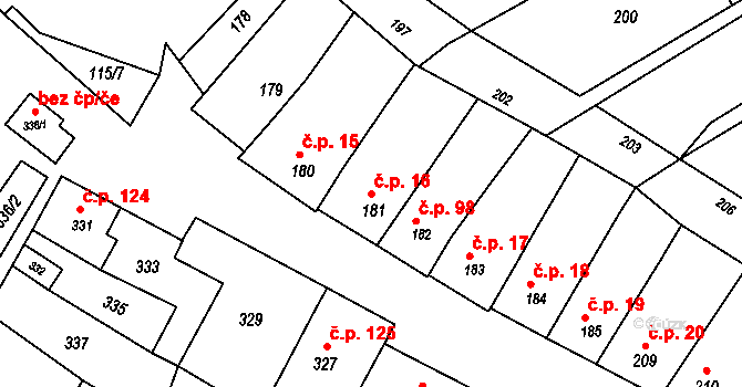 Milešovice 16 na parcele st. 181 v KÚ Milešovice, Katastrální mapa