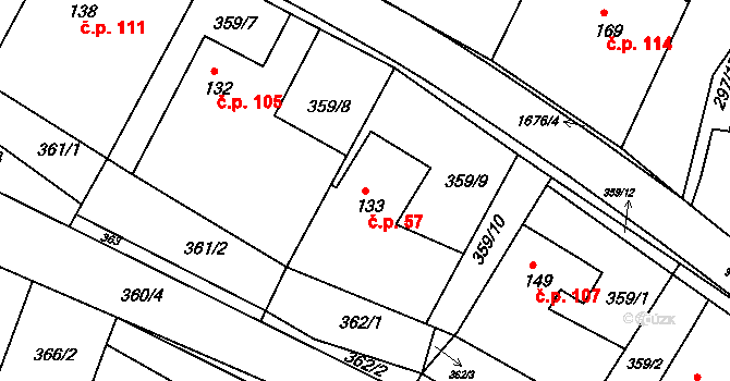 Jestřabí 57 na parcele st. 133 v KÚ Jestřabí nad Vláří, Katastrální mapa