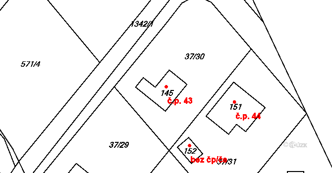 Kvasejovice 43, Sedlec-Prčice na parcele st. 145 v KÚ Kvasejovice, Katastrální mapa