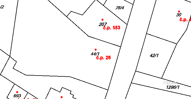 Petřvald 1-Petřvald 26, Petřvald na parcele st. 44/1 v KÚ Petřvald u Nového Jičína, Katastrální mapa