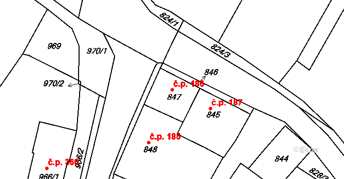 Kamenice nad Lipou 186 na parcele st. 847 v KÚ Kamenice nad Lipou, Katastrální mapa