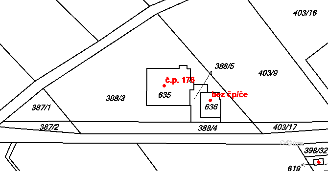 Patřín 176, Loučeň na parcele st. 635 v KÚ Patřín, Katastrální mapa
