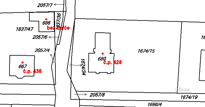 Merklín 428 na parcele st. 680 v KÚ Merklín u Přeštic, Katastrální mapa