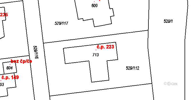 Vidovice 223, Kunice na parcele st. 713 v KÚ Dolní Lomnice u Kunic, Katastrální mapa