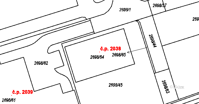 Kuřim 2038 na parcele st. 2698/64 v KÚ Kuřim, Katastrální mapa