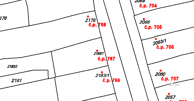 Slavíkovice 767, Rousínov na parcele st. 2180/1 v KÚ Rousínov u Vyškova, Katastrální mapa