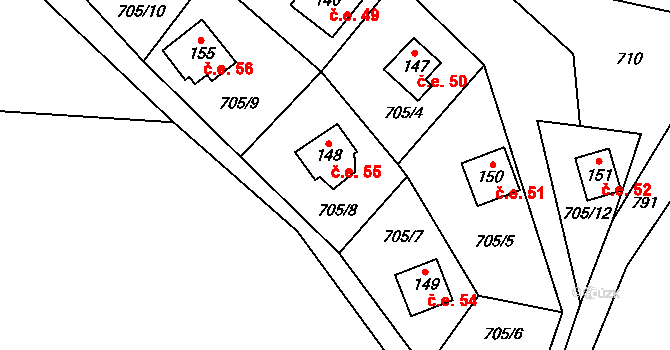 Borovice 55, Mukařov na parcele st. 148 v KÚ Borovice, Katastrální mapa