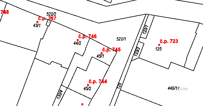 Loučany 745 na parcele st. 45/1 v KÚ Loučany na Hané, Katastrální mapa