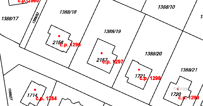 Rožnov pod Radhoštěm 1297 na parcele st. 2157 v KÚ Rožnov pod Radhoštěm, Katastrální mapa