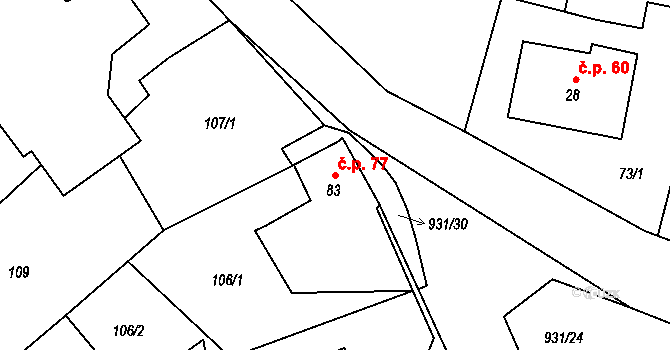 Křižovatka 77 na parcele st. 83 v KÚ Křižovatka, Katastrální mapa