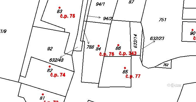 Dymokury 76 na parcele st. 84 v KÚ Dymokury, Katastrální mapa