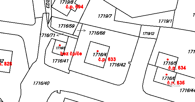 Miřetice u Klášterce nad Ohří 633, Klášterec nad Ohří na parcele st. 1716/4 v KÚ Miřetice u Klášterce nad Ohří, Katastrální mapa