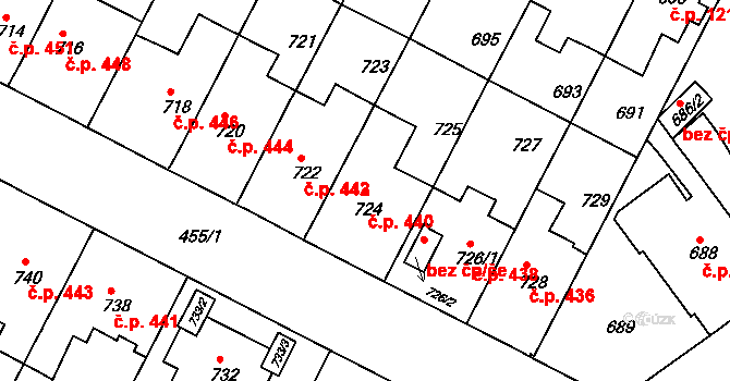 Černá Pole 440, Brno na parcele st. 724 v KÚ Černá Pole, Katastrální mapa