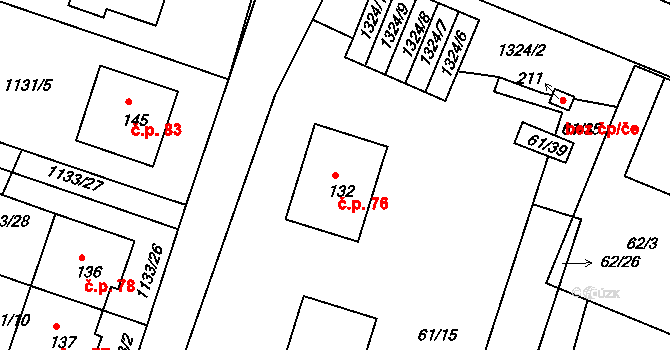 Dynín 76 na parcele st. 132 v KÚ Dynín, Katastrální mapa