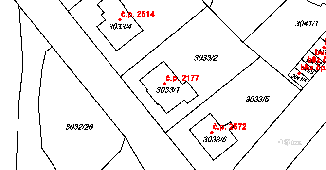 Teplice 2177 na parcele st. 3033/1 v KÚ Teplice, Katastrální mapa