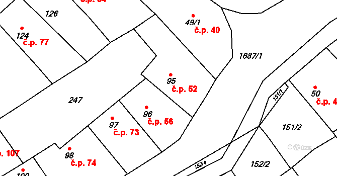 Milostín 52 na parcele st. 95 v KÚ Milostín, Katastrální mapa