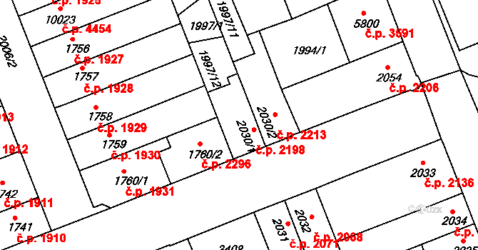 Hodonín 2198 na parcele st. 2030/1 v KÚ Hodonín, Katastrální mapa