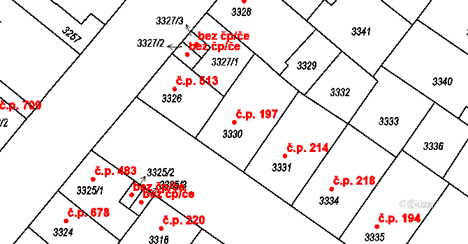 Lobzy 197, Plzeň na parcele st. 3330 v KÚ Plzeň, Katastrální mapa