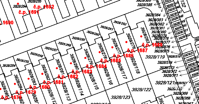 Úvaly 1685 na parcele st. 3928/278 v KÚ Úvaly u Prahy, Katastrální mapa