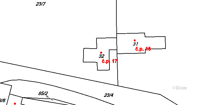 Kaňkov 17, Braňany na parcele st. 32 v KÚ Kaňkov, Katastrální mapa