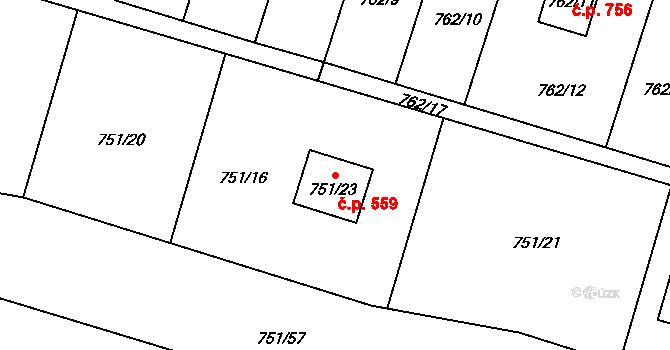 Štěnovice 559 na parcele st. 751/23 v KÚ Štěnovice, Katastrální mapa