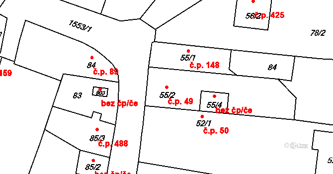 Bystřice 49 na parcele st. 55/2 v KÚ Bystřice u Benešova, Katastrální mapa