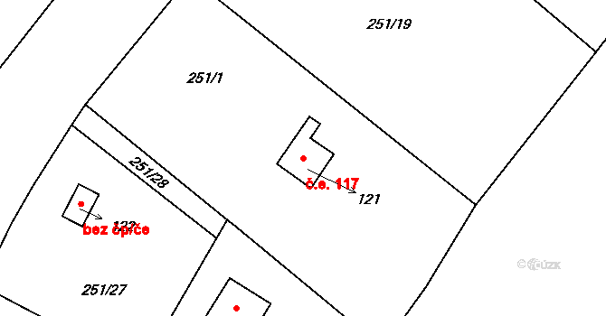 Sudoměřice u Tábora 117 na parcele st. 121 v KÚ Sudoměřice u Tábora, Katastrální mapa