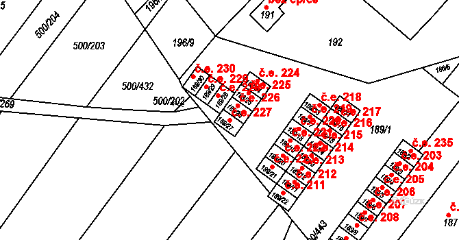 Nebovidy 227 na parcele st. 189/27 v KÚ Nebovidy u Brna, Katastrální mapa