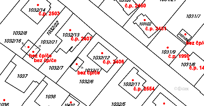 Předměstí 2406, Opava na parcele st. 1032/12 v KÚ Opava-Předměstí, Katastrální mapa