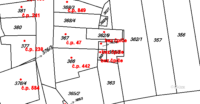Drnovice 47813628 na parcele st. 362/10 v KÚ Drnovice u Vyškova, Katastrální mapa