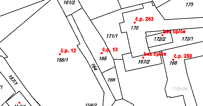 Chudeřín 13, Litvínov na parcele st. 165 v KÚ Chudeřín u Litvínova, Katastrální mapa