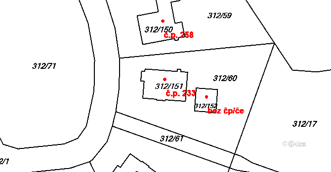 Benice 233, Praha na parcele st. 312/151 v KÚ Benice, Katastrální mapa