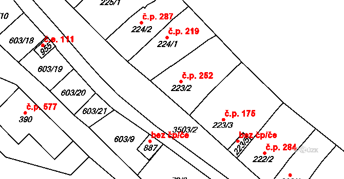 Lysice 252 na parcele st. 223/2 v KÚ Lysice, Katastrální mapa
