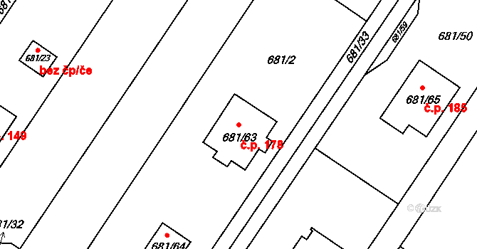 Stanislavice 178, Český Těšín na parcele st. 681/63 v KÚ Stanislavice, Katastrální mapa