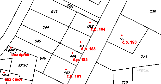 Jestřebí 183, Rájec-Jestřebí na parcele st. 643 v KÚ Jestřebí, Katastrální mapa