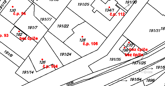 Straník 106, Nový Jičín na parcele st. 128 v KÚ Straník, Katastrální mapa