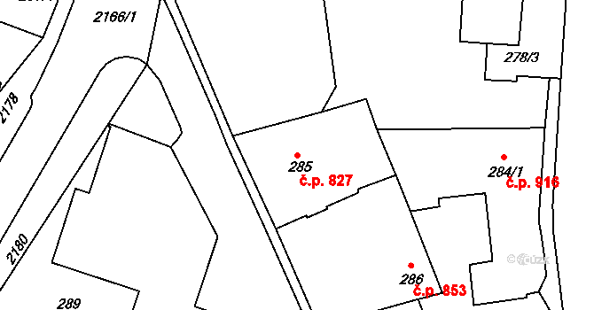 Vejprty 827 na parcele st. 285 v KÚ Vejprty, Katastrální mapa