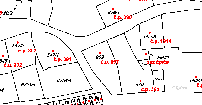 Žatec 567 na parcele st. 909 v KÚ Žatec, Katastrální mapa