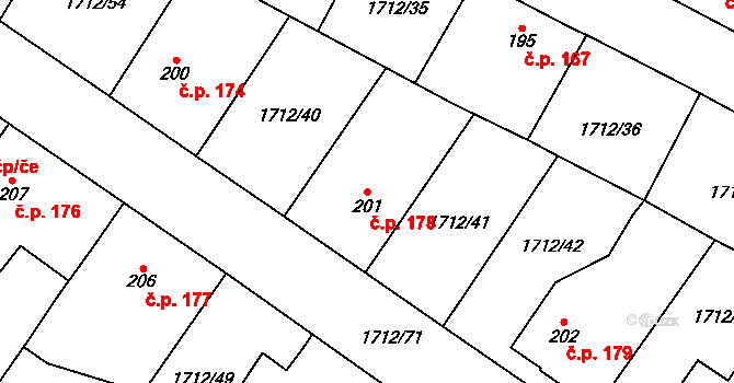 Tymákov 178 na parcele st. 201 v KÚ Tymákov, Katastrální mapa