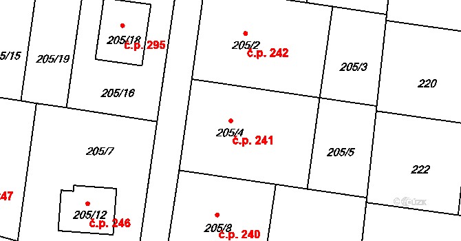 Malešov 241 na parcele st. 205/4 v KÚ Malešov, Katastrální mapa