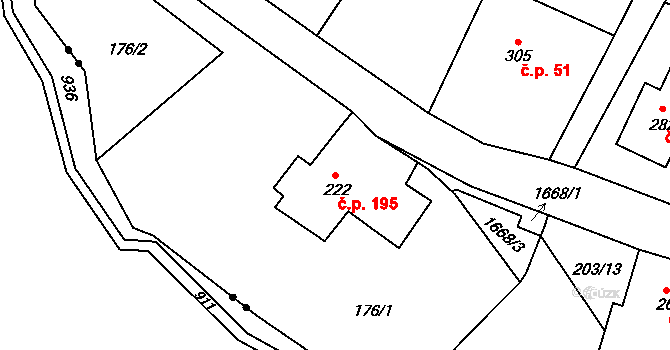 Rudné 195, Vysoká Pec na parcele st. 222 v KÚ Rudné, Katastrální mapa