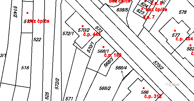 Těšany 189 na parcele st. 568/1 v KÚ Těšany, Katastrální mapa