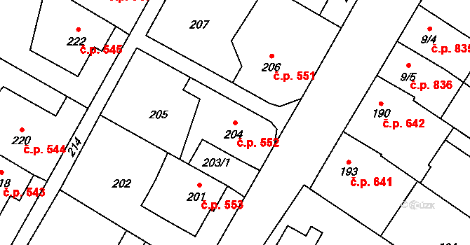 Lužice 552 na parcele st. 204 v KÚ Lužice u Hodonína, Katastrální mapa