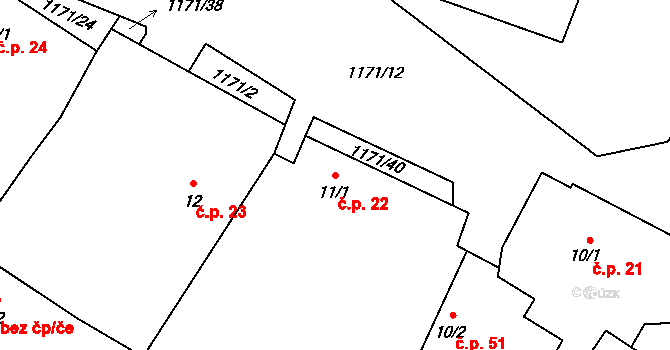 Kamenná 22 na parcele st. 11/1 v KÚ Kamenná u Jihlavy, Katastrální mapa