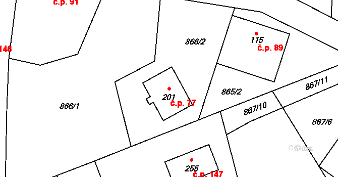 Pěnčín 77 na parcele st. 201 v KÚ Pěnčín, Katastrální mapa