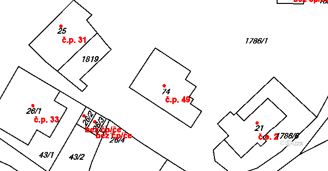 Třískolupy 49, Přimda na parcele st. 74 v KÚ Třískolupy pod Přimdou, Katastrální mapa