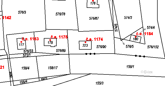 Malé Přílepy 1174, Chyňava na parcele st. 323 v KÚ Malé Přílepy, Katastrální mapa