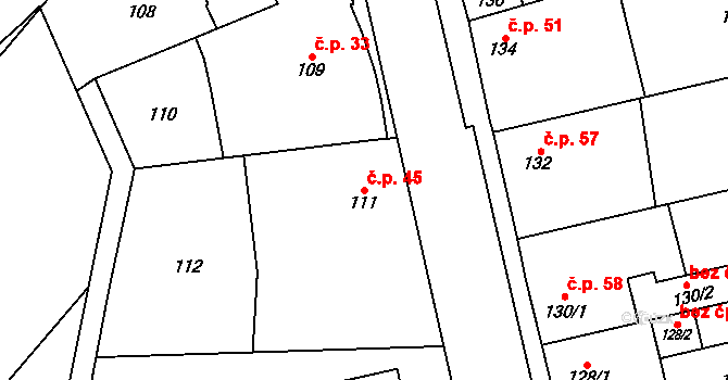 Břuchotín 45, Křelov-Břuchotín na parcele st. 111 v KÚ Břuchotín, Katastrální mapa