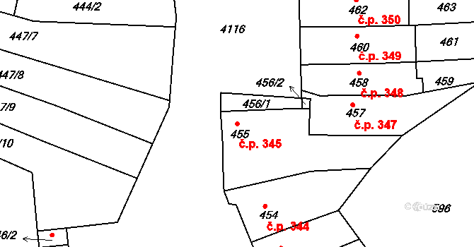 Roudnice nad Labem 345 na parcele st. 455 v KÚ Roudnice nad Labem, Katastrální mapa