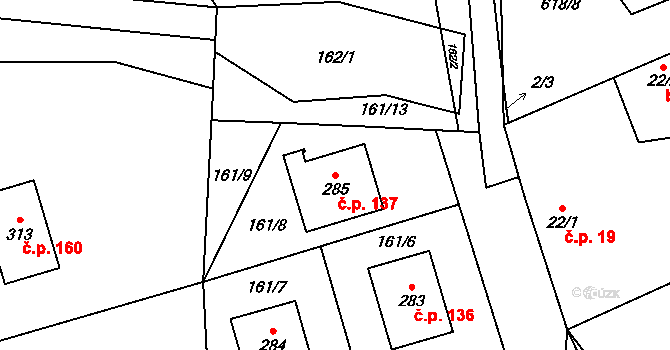 Hamr 137 na parcele st. 285 v KÚ Hamr, Katastrální mapa